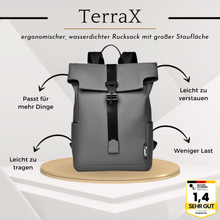 Lade das Bild in den Galerie-Viewer, TerraX - ergonomischer, wasserdichter Rucksack mit großer Staufläche für Laptops und Utensilien
