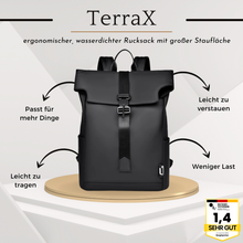 Lade das Bild in den Galerie-Viewer, TerraX - ergonomischer, wasserdichter Rucksack mit großer Staufläche für Laptops und Utensilien
