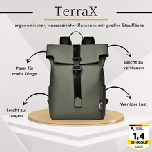 Lade das Bild in den Galerie-Viewer, TerraX - ergonomischer, wasserdichter Rucksack mit großer Staufläche für Laptops und Utensilien
